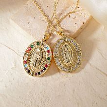 Shiny Colorful Copper Inlaid Zirconia Geometric Virgin Mary Pendant Necklace VC4149