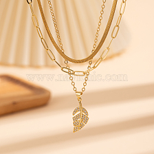 Layered snake bone chain necklace with leaf and zircon pendant.