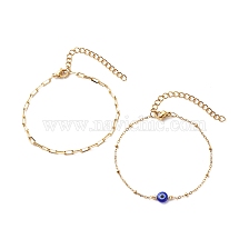 2Pcs 2 Style Brass Paperclip Chains & 304 Stainless Steel Satellite Chains Bracelets Set, Lampwork Evil Eye Beads Bracelets for Women, Golden