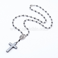 Non-magnetic Synthetic Hematite Pendant Necklaces, Rosary Bead Necklaces for Easter, Cross and Oval with Virgin