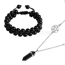 Natural Obsidian Bullet Pendant Necklace and Round Braided Bead Bracelet, Gemstone Jewelry Set with 304 Stainless Steel Chain for Women