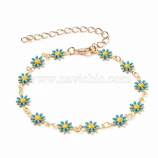 Golden Brass Flower Enamel Links Bracelets, with Brass Curb Chains & Lobster Claw Clasps