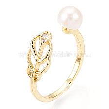 Natural Pearl Open Cuff  Ring Micro Pave Clear Cubic Zirconia, Brass Finger Rings, Leaf