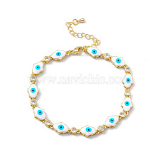 Brass Micro Pave Cubic Zirconia Chain Bracelets, Enamel Style Hamsa Hand with Evil Eye Link Chain Bracelet for Women, with Chain Extender & Lobster Claw Clasp