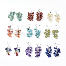 Dangle Earrings, Cluster Earrings, with Gemstone Chips and Platinum Plated Brass Earring Hooks