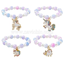 Glass Beaded Stretch Bracelet with Alloy Enamel Unicorn Charm for Kids