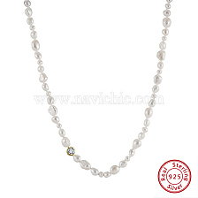 925 Sterling Silver with Natural Pearls Beads Necklaces, Cubic Zirconia Necklaces, Round