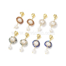 4 Pair 4 Style Natural Mixed Gemstone & Shell Pearl Beaded Flower Dangle Stud Earrings, 304 Stainless Steel Wire Wrap Long Drop Earrings for Women