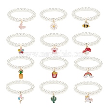 12Pcs 12 Style ABS Plastic Pearl Round Beaded Stretch Bracelets Set, Butterfly & Pineapple & Rainbow & Unicorn Alloy Enamel Charms Bracelets for Kid