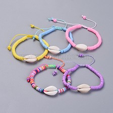 Handmade Polymer Clay Heishi Beads Kids Braided Bracelets, with Cowrie Shell Beads and Nylon Cord