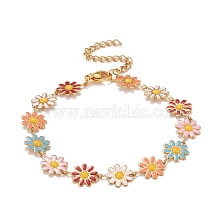 Enamel Daisy Link Chains Bracelet, 304 Stainless Steel Jewelry for Women