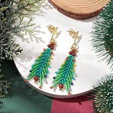 Christmas Tree Natural Red Jasper & Glass Seed Beads Dangle Stud Earrings for Women