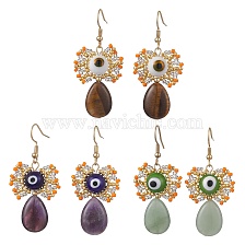 Natural Gemstone Dangle Earrings, with Glass Seed Beads and 304 Stainless Steel Earring Hooks, Real 18K Gold Plated