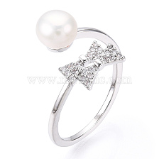 Natural Pearl Finger Open Cuff  Ring Micro Pave Clear Cubic Zirconia, Brass Finger Rings, Bowknot