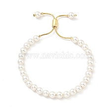 Shell Pearl Beaded Slider Bracelet with Brass Snake Chain, Lead Free & Cadmium Free, Real 18K Gold Plated, Beads: 6mm, Inner Diameter: 1-3/4~2-5/8 inch(4.35~6.65cm)