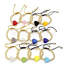 Handmade Lampwork Heart Bracelets, Adjustable 6mm Round Brass Braided Bead Bracelets for Women, Real 18K Gold Plated