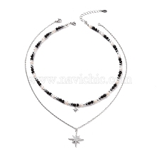 Clear Cubic Zirconia Star Pendant Necklaces Set, Natural Obsidian & Lava Rock & Pearl Beaded Chains Stackable Necklaces for Women