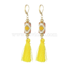 Glass Seed Braided Column with Tassel Dangle Leverback Earrings, 304 Stainless Steel Jewelry for Women