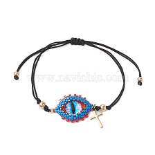 Adjustable Evil Eye Glass Seed Beads Link Nylon Cord Braided Bracelets, 304 Stainless Steel Cross Charm Bracelets