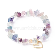 Natural Fluorite Chip Beads Stretch Bracelet, Heart Charm Bracelet for Valentine's Day, Golden