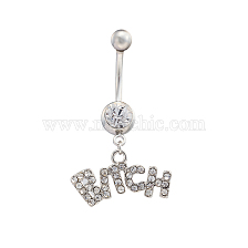 Platinum Plated Piercing Jewelry Brass Cubic Zirconia Navel Ring Navel Ring Belly Rings, with 304 Stainless Steel Bar, Word Bitch, 23x40mm