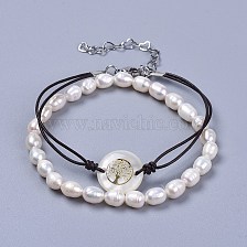 Stackable Bracelets Sets, with Natural Freshwater Pearls, Freshwater Shell Links, 304 Stainless Steel Findings and Cowhide Leather Cord, with Burlap Paking Pouches Drawstring Bags