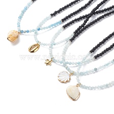 Natural Aquamarine & Lava Rock Beaded Necklace with Brass Charm, Essential Oil Gemstone Jewelry for Women