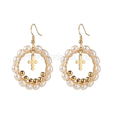 Pearl Beads Brass Dangle Earrings, Oval with Cross