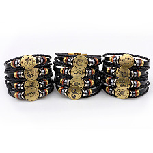 Braided Leather Cord Retro Multi-strand Bracelets, with Wood Beads, Hematite Beads and Alloy Findings, Flat Round with Constellation, Antique Bronze