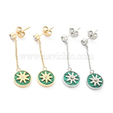 Ion Plating(IP) 304 Stainless Steel Stud Earrings, with Synthetic Malachite and Rhinestone, Flat Round