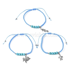 3Pcs 3 Style Turtle & Sea Horse Alloy Charm Bracelets Set, Synthetic Turquoise Braided Adjustable Bracelets