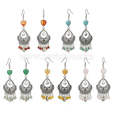 Natural & Synthetic Mixed Gemstone Heart Chandelier Earrings, Alloy Teardrop Earrings with 304 Stainless Steel Pins