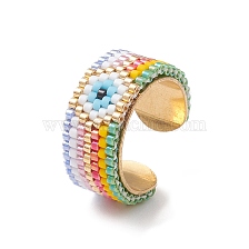 Glass Seed Beaded Evil Eye Open Cuff Rings, Golden Stainless Steel Jewelry