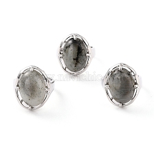 Oval Natural Labradorite Adjustable Finger Ring, Wide Brass Ring for Women, Cadmium Free & Lead Free, Platinum