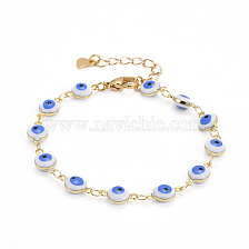 Brass Enamel Evil Eye Link Bracelets, with 304 Stainless Steel Lobster Claw Clasps, Deep Sky Blue