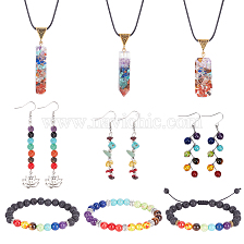 ANATTASOUL Natural & Synthetic Mixed Gemstone Chakra Yoga Jewelry Set, Rectangle Pendant Necklace & Stretch Adjustable Bracelets & Lotus Dangle Earrings for Women