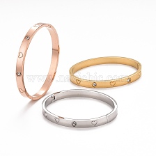 304 Stainless Steel Flat with Heart Pattern Bangle, Crystal Rhinestone Bangle for Women