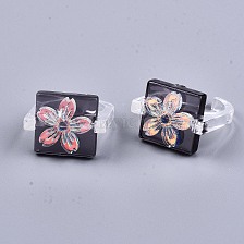 Transparent Resin Cuff Rings, Open Rings, AB Color Plated, Square with Sakura