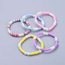 Eco-Friendly Handmade Polymer Clay Heishi Beads Kids Stretch Bracelets, with Glass Pearl Beads