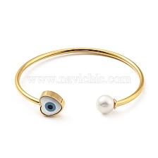 Shell Pearl & Heart with Evil Eye Open Cuff Bangle, 304 Stainless Steel Jewelry for Woman