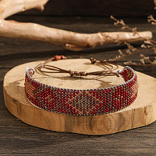 Red Bohemian Glass Bead Bracelet with Geometric Pattern Handmade