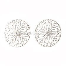 Brass Ear Studs, Flat Round with Flower, Nickel Free