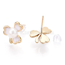 Clover Natural Pearl Stud Earrings with Enamel, Brass Earring with 925 Sterling Silver Pins