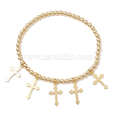 Brass Round Beaded Stretch Bracelets, with 304 Stainless Steel Cross Pendants