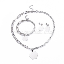 304 Stainless Steel Paperclip Chains & Cable Chain Jewelry Sets, Dangle Earrings & Pendant Necklaces & Charm Bracelets, Hexagon