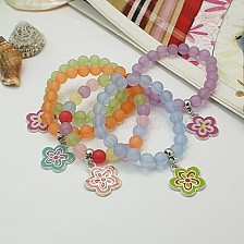 Charm Bracelets, Fashion Frosted Transparent Acrylic Bracelets for Kids, with Enameled Alloy Charms and Elastic Thread, 45mm