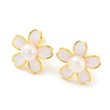 Brass Flower Stud Earrings with Natural Pearl, with 925 Sterling Silver Pins