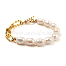 Natural Baroque Pearl Keshi Pearl Beaded Bracelets, with Iron Paperclip Chains and 304 Stainless Steel Toggle Clasps