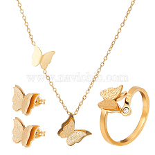 ANATTASOUL Titanium Steel Butterfly Jewelry Set, Stud Earrings & Open Cuff Rings & Pendnat Necklace