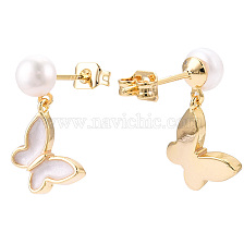 Natural Pearl Dangle Stud Earrings, Brass Enamel Butterfly Drop Earring with 925 Sterling Silver Pins